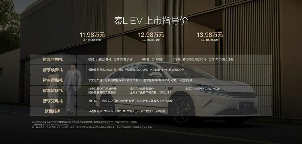 后驅(qū)平權(quán)+智駕平權(quán)！比亞迪秦L EV上市售價(jià)11.98萬元起