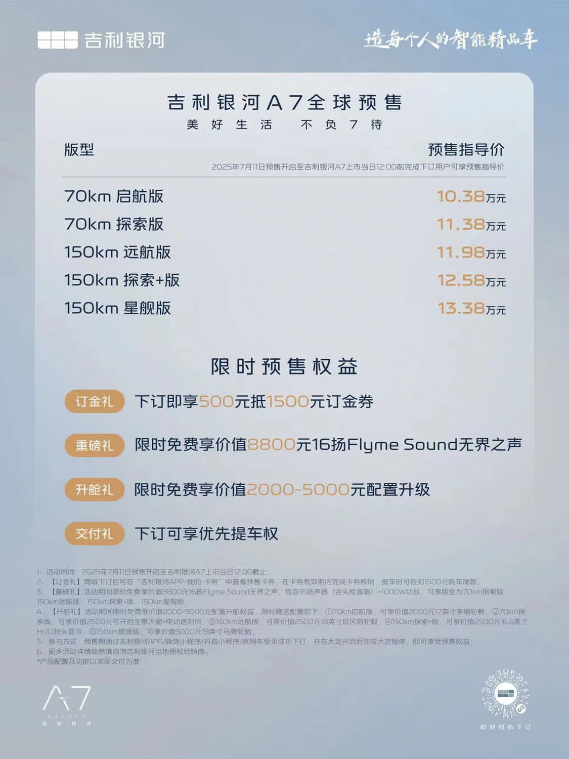 吉利銀河A7預(yù)售價10.38萬元起 綜合續(xù)航超2100km